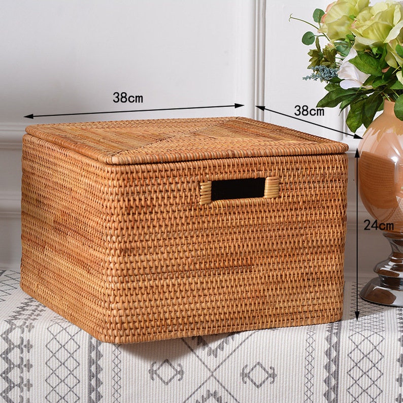 Various Sizes Square Rattan Storage Basket With Lid,Clothes Storage Basket,Wicker Baskets,Housewarming Gift,Handmade Table,Storage box 14.96x14.96x9.45''