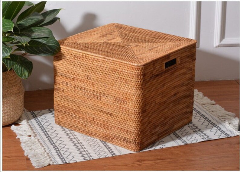 Various Sizes Square Rattan Storage Basket With Lid,Clothes Storage Basket,Wicker Baskets,Housewarming Gift,Handmade Table,Storage box image 3