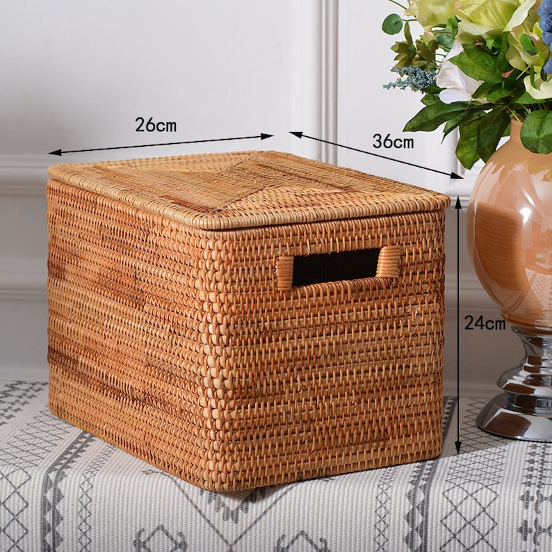 Various Sizes Square Rattan Storage Basket With Lid,Clothes Storage Basket,Wicker Baskets,Housewarming Gift,Handmade Table,Storage box 14.17x10.24x9.45''
