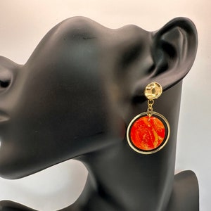 Red Circle Earrings, Red Gold Earrings, Dangle Handmade Earrings, Lightweight Jewelry, Elegant Earrings, Red Jewellery, Unique Earrings