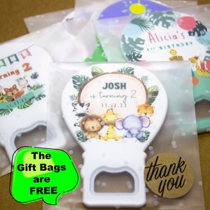 Apribottiglie magnetico, tema safari, sacchetto regalo trasparente opaco con pois, decorazioni e feste di compleanno, baby shower, magneti personalizzati per feste