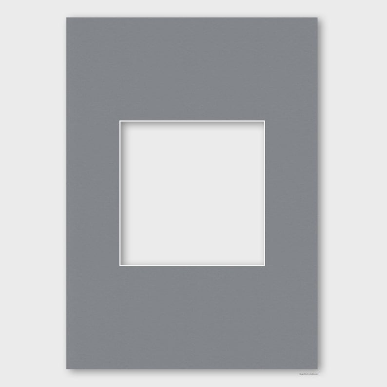 May include: A gray mat with a white rectangular opening in the center.