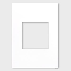 May include: A white mat with a rectangular opening in the center. The mat is designed to be used for framing artwork or photographs.
