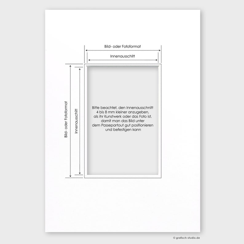 May include: Diagram showing how to measure the inside dimensions of a frame or mat opening. The text reads: "Bild- oder Fotoformat" (Image or photo format) and "Innenausschitt" (Inside cut). The text also reads: "Bitte beachtet, den Innenausschnitt 4 bis 8 mm kleiner anzugeben, als ihr Kunstwerk oder das Foto ist. damit man das Bild unter dem Passepartout gut positionieren und befestigen kann." (Please note, the inside cut should be 4 to 8 mm smaller than your artwork or photo. This allows you to position the image well under the mat and secure it).