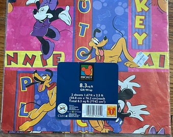 Vintage Mickey Mouse and Friends NOS Gift Wrap, 2 sheets 30x20in. 1999, Cleo