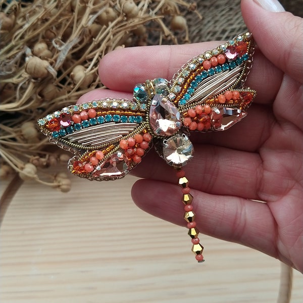 Bead embroidery dragonfly brooch handmade crystal bead dress brooch pin accessory Mothers day Birthday gifts for her