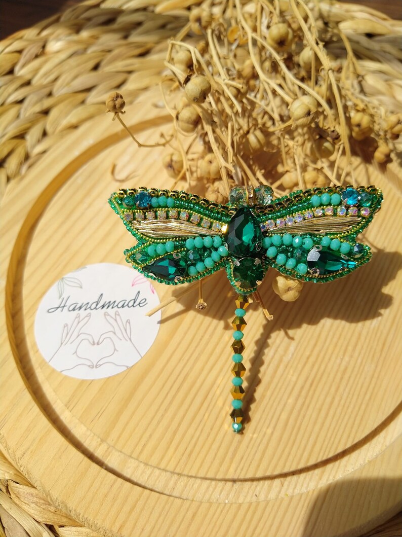 Bead embroidery dragonfly brooch handmade crystal bead dress brooch pin accessory Mothers day Birthday gifts for her image 3