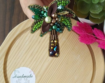 Bead embroidery palm tree brooch handmade crystal bead dress brooch pin accessory Mothers day Birthday gifts for her