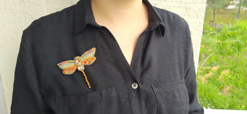 Bead embroidery dragonfly brooch handmade crystal bead dress brooch pin accessory Mothers day Birthday gifts for her image 10