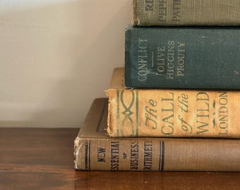 Antique Vintage Green Book Stack, Shabby Chic Distressed Book Bundle, Small Vintage Book Lot, Book Filler Bundle, Bookshelf Vintage Decor