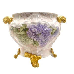 Antique Gold Footed Jardiniere, Hand Painted Floral Vase, 1890s Cache Pot