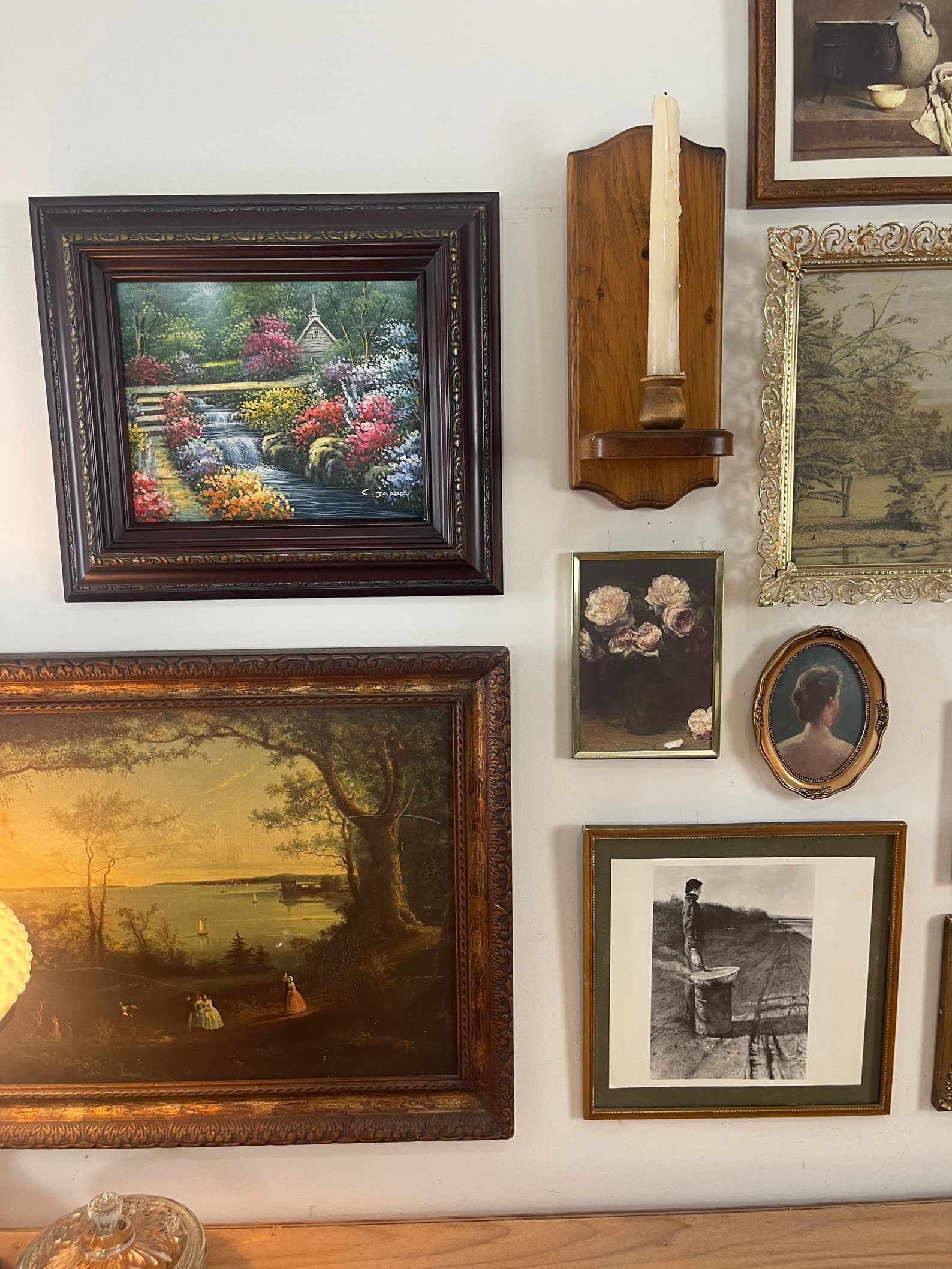 Rare C Jaffey Original Oil Painting Framed, Waterfall Flower Garden and