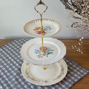 Vintage 3 Tiered Mini China Dessert Stand | Floral Plate Tray for Tea Party, Wedding, Shower | Shabby Chic Antique Display Stand, Bridal Tea
