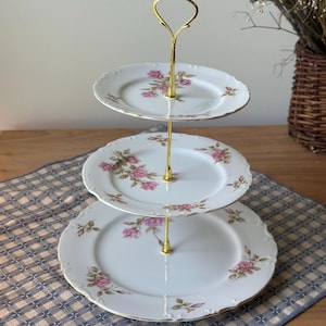 Vintage 3 Tiered China Dessert Stand | Floral Plate Tray for Tea Party, Wedding, Shower, Antique Display Stand, Pink Rosette Mikasa 9268
