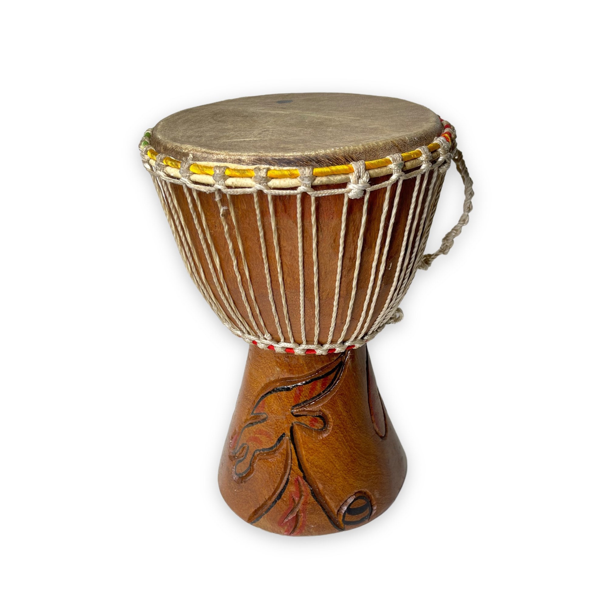 Instrument de musique à percussion africain décoratif en bois sculpté et  cuir original, Djembé décoratif ancien -  France