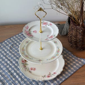 Vintage 3 Tiered China Dessert Stand | Floral Plate Tray for Tea Party, Wedding, Shower | Shabby Chic Antique Display Stand, Mothers Day Tea