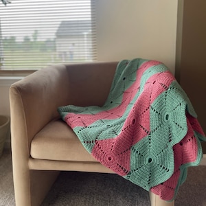 Vintage Afghan Throw, Diamond Shape Afghan, 65” x 63” Retro Knitted Blanket, Purple & Green Blanket, Funky Throw Blanket, MCM Knit Throw,