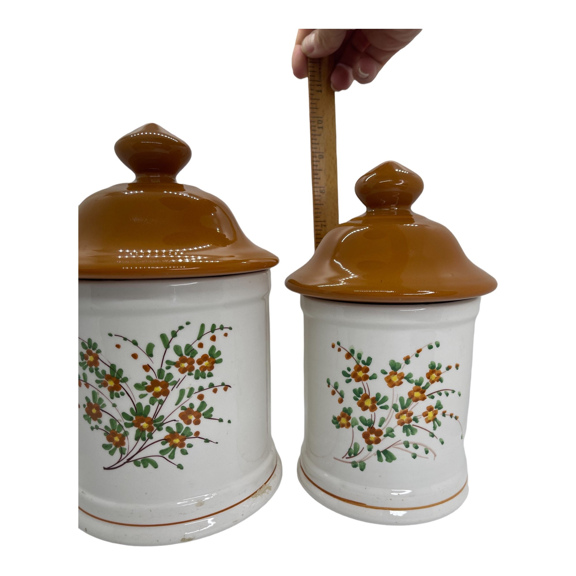 Mid Century Canister Set Hand Painted Flowers, Retro Orange Canister ...
