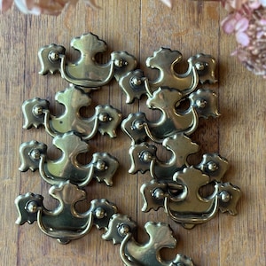 以下が含まれることがあります： アンティーク真鍮製の引き出し取っ手のコレクション。各取っ手は、湾曲したハンドルと花のアクセントを備えた装飾的なデザインが特徴です。 金具は木製の表面に配置されており、ヴィンテージ感を際立たせています。