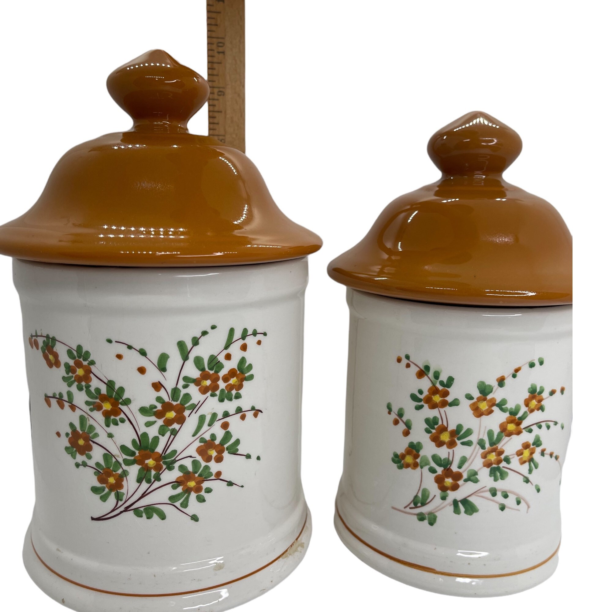 Mid Century Canister Set Hand Painted Flowers, Retro Orange Canister ...