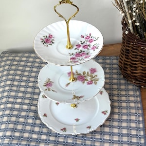 Vintage 3 Tiered Mini China Dessert Stand | Floral Plate Tray for Tea Party, Wedding, Shower | Shabby Chic Antique Display Stand, Bridal Tea