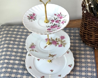 Vintage 3 Tiered Mini China Dessert Stand | Floral Plate Tray for Tea Party, Wedding, Shower | Shabby Chic Antique Display Stand, Bridal Tea