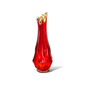 MCM Red & Orange Kanawha Swung Vase Diamond Pattern, Vintage Art Glass Bud Vase, Retro Cut Glass Ombre Swung Vase, Mid Century Home Decor