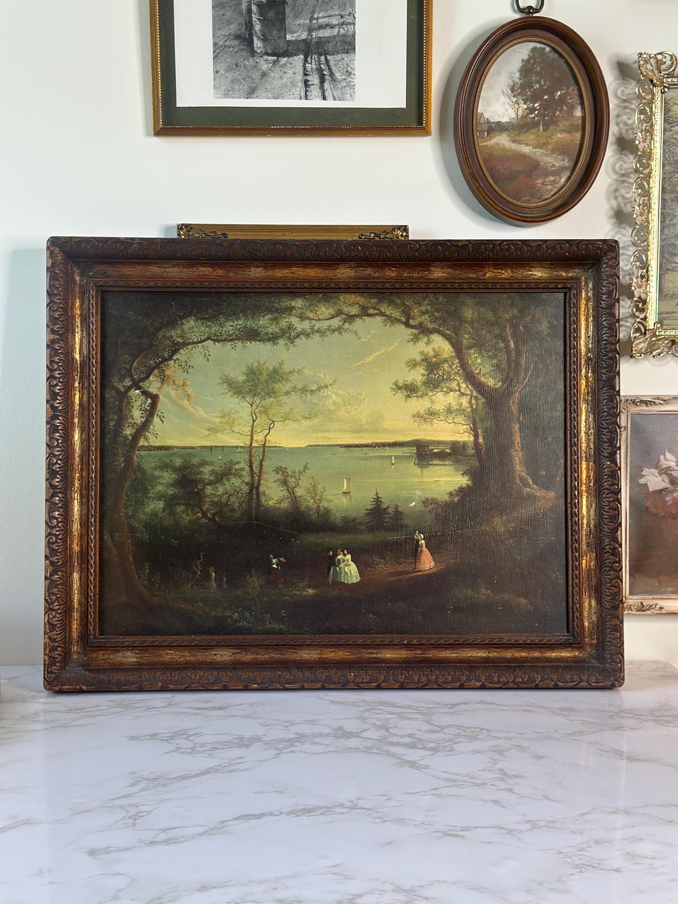 Antique 19th Century Painting New York Harbor by Edmund C. Coates in Wood Frame, Ornate Victorian Frame, Farmhouse Gallery Frame, 22x17”