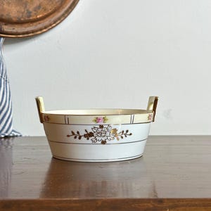 Antique Nippon Hand Painted Porcelain Bowl Dish Floral Gold Accent Bowl with Handles, Made in Japan, Trinket Dish, Vegtable Bowl, Candy Dish