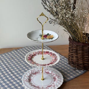 Vintage 3 Tiered Mini China Dessert Stand | Floral Plate Tray for Tea Party, Wedding, Shower | Shabby Chic Antique Display Stand, Bridal Tea