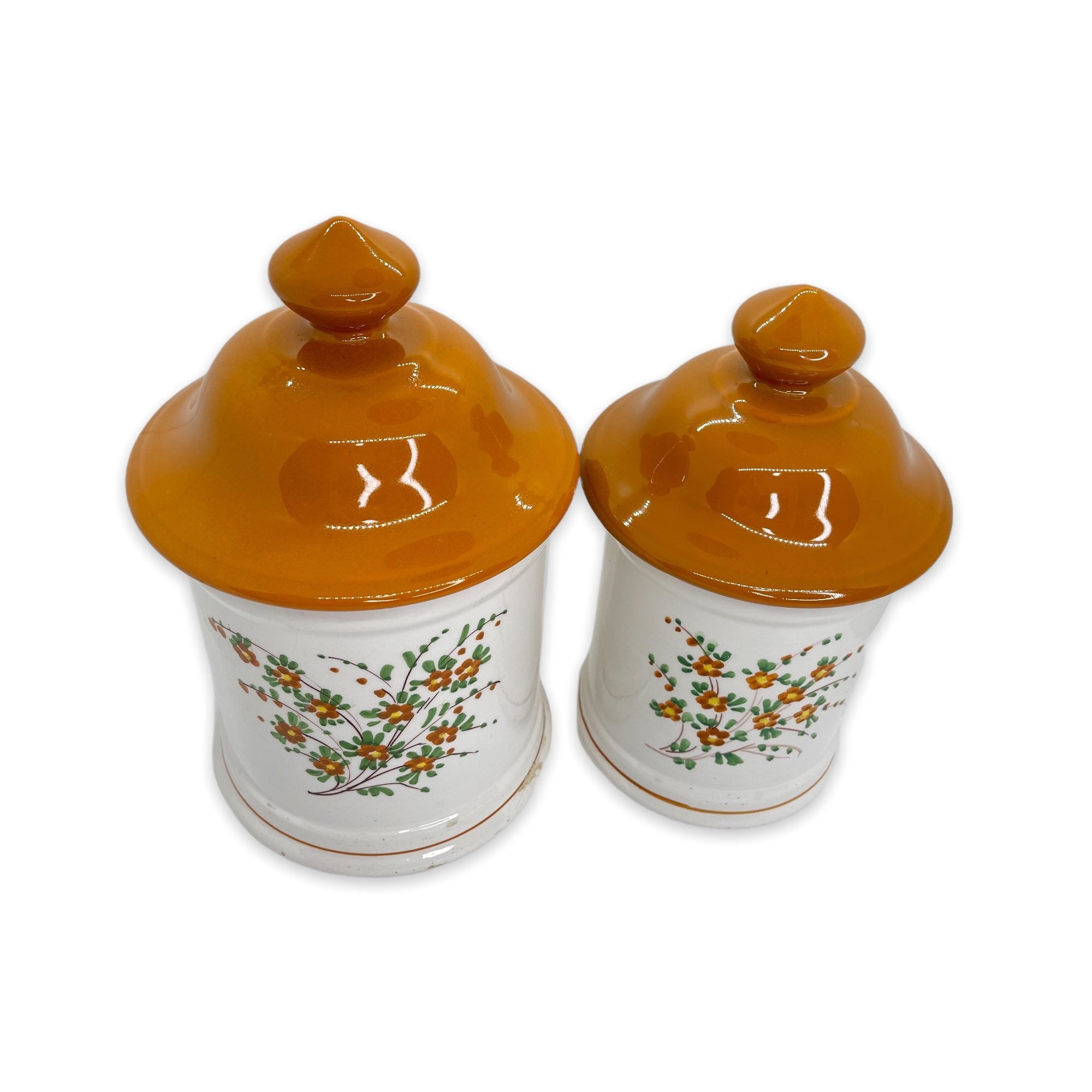 Mid Century Canister Set Hand Painted Flowers, Retro Orange Canister ...