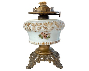 Antique F.G Co Oil Lamp Hand Painted Floral Milk Glass Footed Iron Base, Vintage Parlor Kerosene Ornate Milk Glass Lamp, Vintage Wedding
