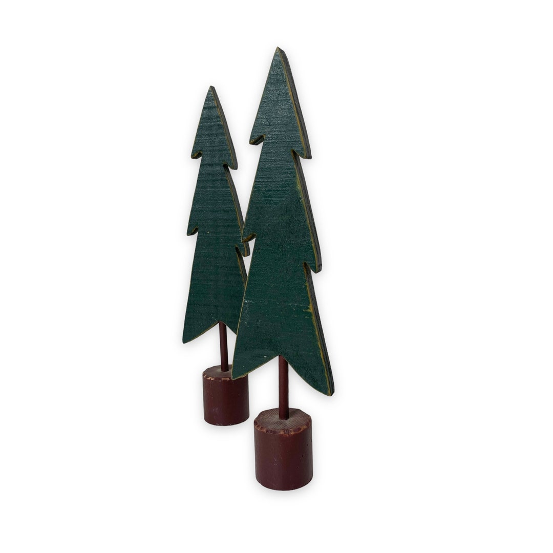 Primitive Wooden Christmas Trees, Set of 2 Rustic Christmas Tree Table Decor, Hand Carved Wooden