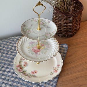 Vintage 3 Tiered China Dessert Stand | Floral Plate Tray for Tea Party *CHIPPED* Wedding, Shower | Shabby Chic Antique Display Stand
