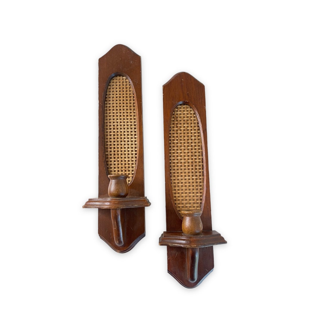 Vintage Wicker Candle Holder Wall Sconce Set of Two Wood & Etsy
