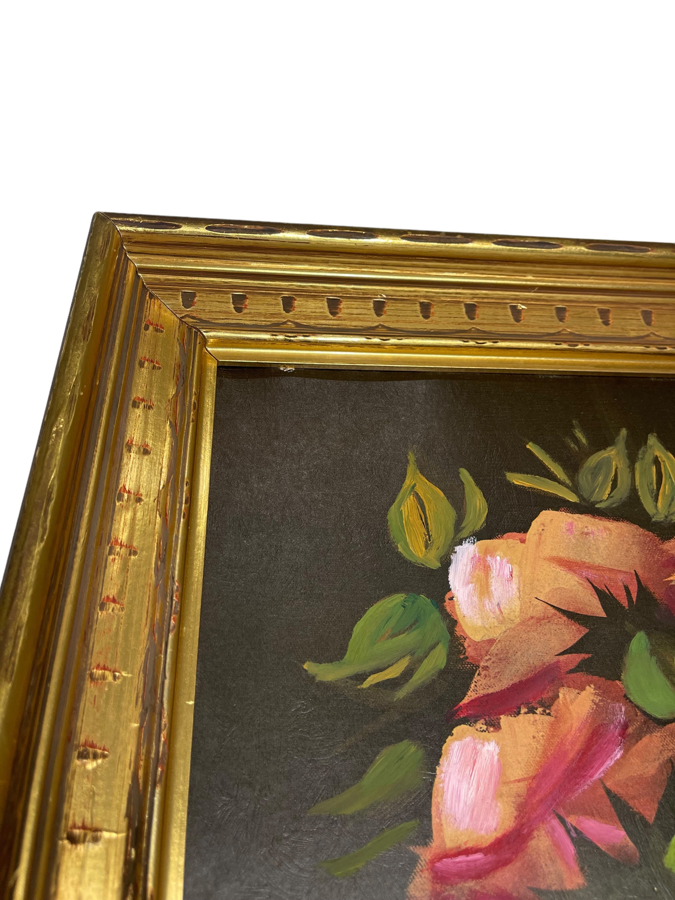 Vintage Large Floral Oil Painting Pink Roses Signed by Lamont, Gold ...