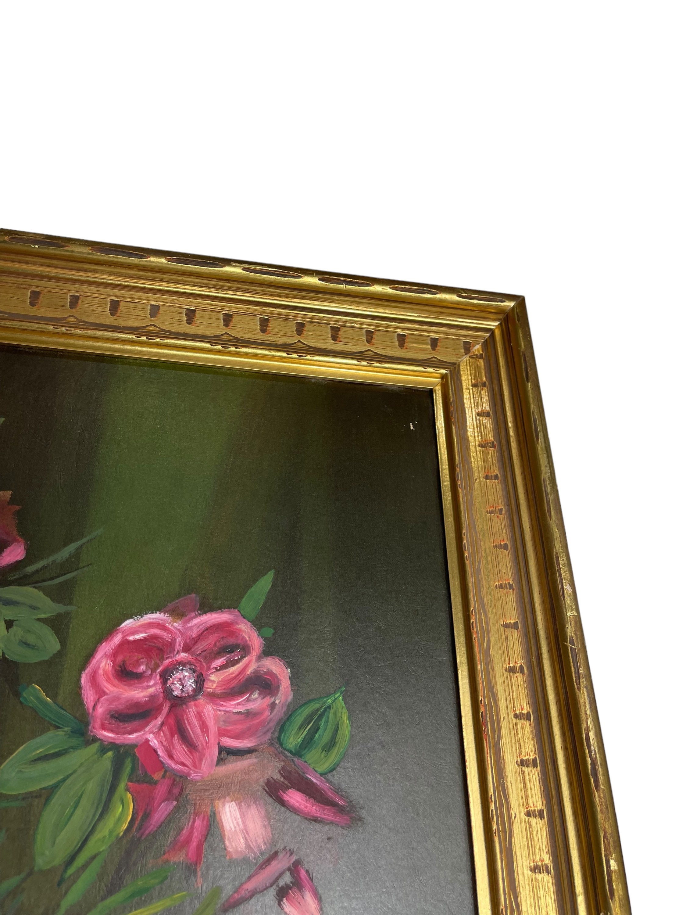 Vintage Large Floral Oil Painting Pink Roses Signed by Lamont, Gold ...
