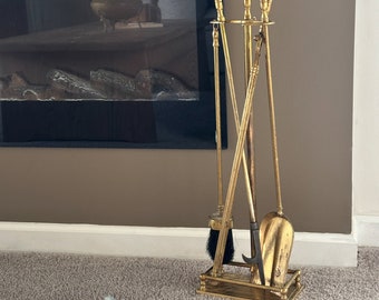 MCM Brass Fireplace Tool Set and Stand, Vintage Gold Brass Fireplace Tools, Vintage Solid Brass Fireplace 4 Piece Tool Set Hollywood Regency