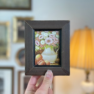 4x5&quot; Vintage Tiny Wood Frame Still Art Print Flower Vase for Gallery Wall Vintage Unique Gallery Wall Art Country Cottage Small Art Prints