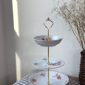 Vintage 3 Tiered China Dessert Stand | Floral Plate Tray for Tea Party, Wedding, Shower | Shabby Chic Antique Display Stand, Mothers Day Tea