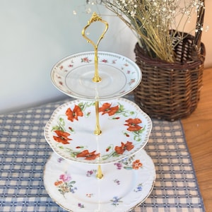 Vintage 3 Tiered China Dessert Stand | Floral Plate Tray for Tea Party, Wedding, Shower | Shabby Chic Antique Display Stand, Mothers Day Tea