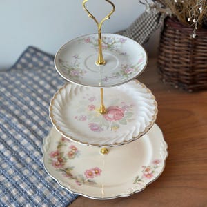 Vintage 3 Tiered China Dessert Stand | Floral Plate Tray for Tea Party, Wedding, Shower | Shabby Chic Antique Display Stand, Mothers Day Tea