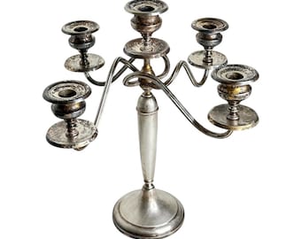 Vintage Silver Candelabra, 5 Head Silver Candelabra Wedding Centerpieces, Vintage Wedding Decor, Moody Brass Candles