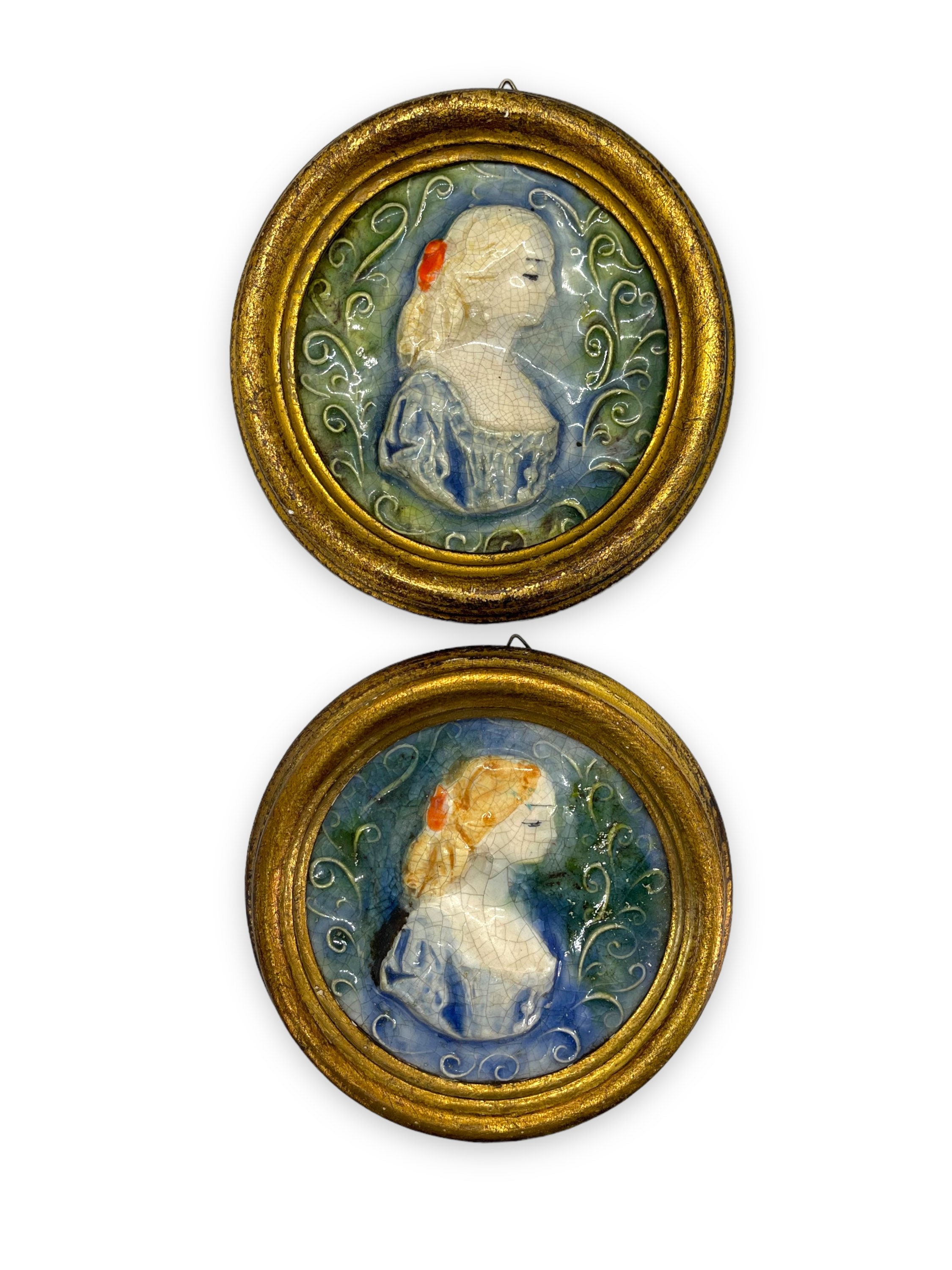VTG 2 Small Gold Round Hand Painted Ceramic Frames Porcelain Faces ...
