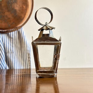 Antique French Candle Lantern Brass Copper With Brown Patina 1900&#39;s Signed IKAPIA Primitive Forged Lantern Rustic Decor Country Barn Wedding