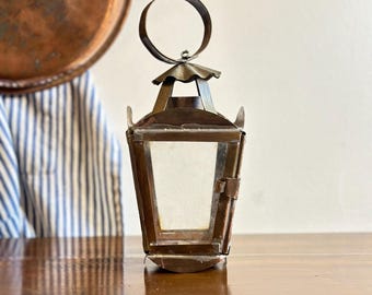 Antique French Candle Lantern Brass Copper With Brown Patina 1900&#39;s Signed IKAPIA Primitive Forged Lantern Rustic Decor Country Barn Wedding