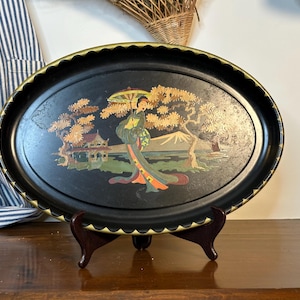 Vintage Black Metal Tray Hand Painted Oriental Lady Holding Umbrella Under Tree, Asian Decorative Tray, China Hand Painted Toleware Tray