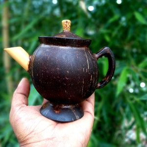 May include: A small brown coconut shell teapot with a wooden lid and a wooden handle. The teapot is sitting on a person's hand.