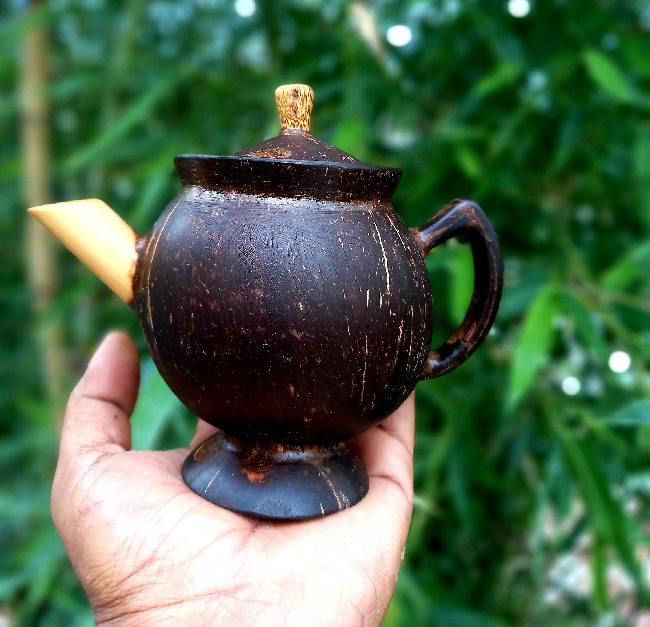 Balinese Matte Black Ceramic Tea Set with Teak Handle