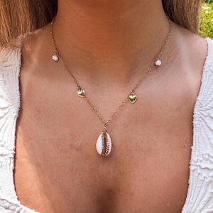 Gold Puka Shell Pearl Charm Necklace || Beach Summer Coastal || Handmade Jewelry